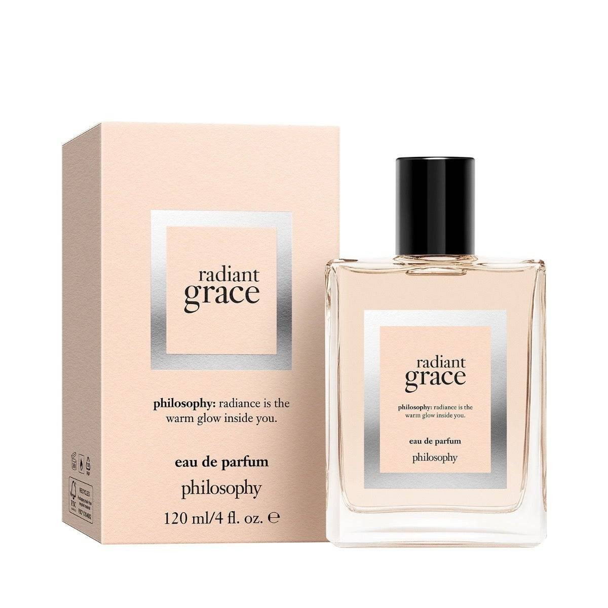 radiant grace eau de parfum 4 oz bottle and pink carton