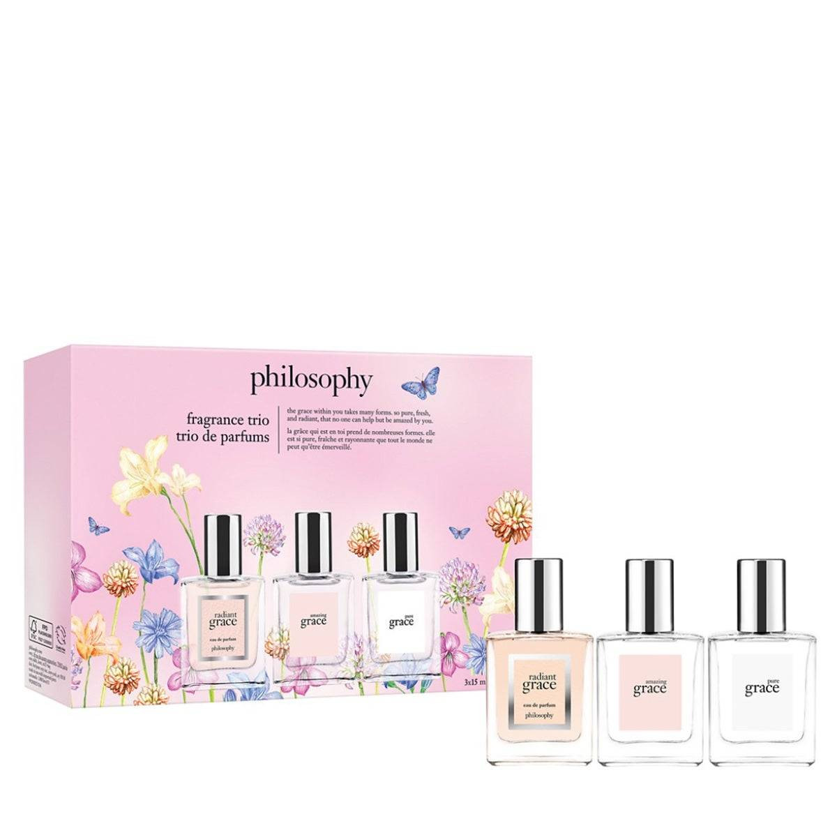 philosophy fragrance gift set trio with floral box and three perfume bottles