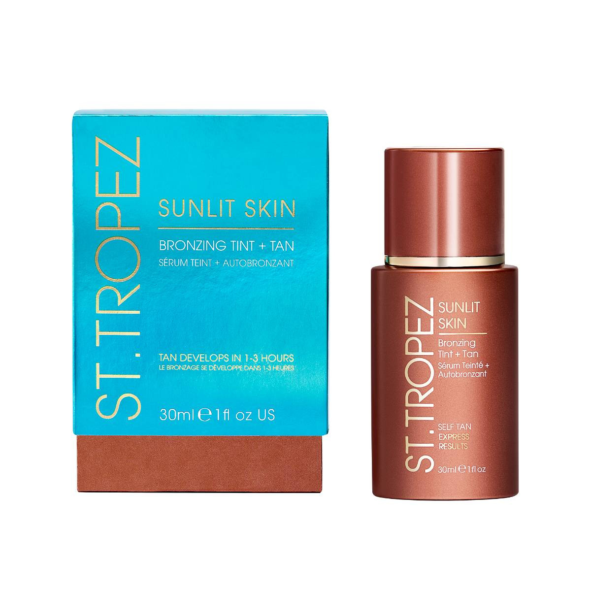 Sunlit Skin bronzing tint bottle beside teal and orange carton