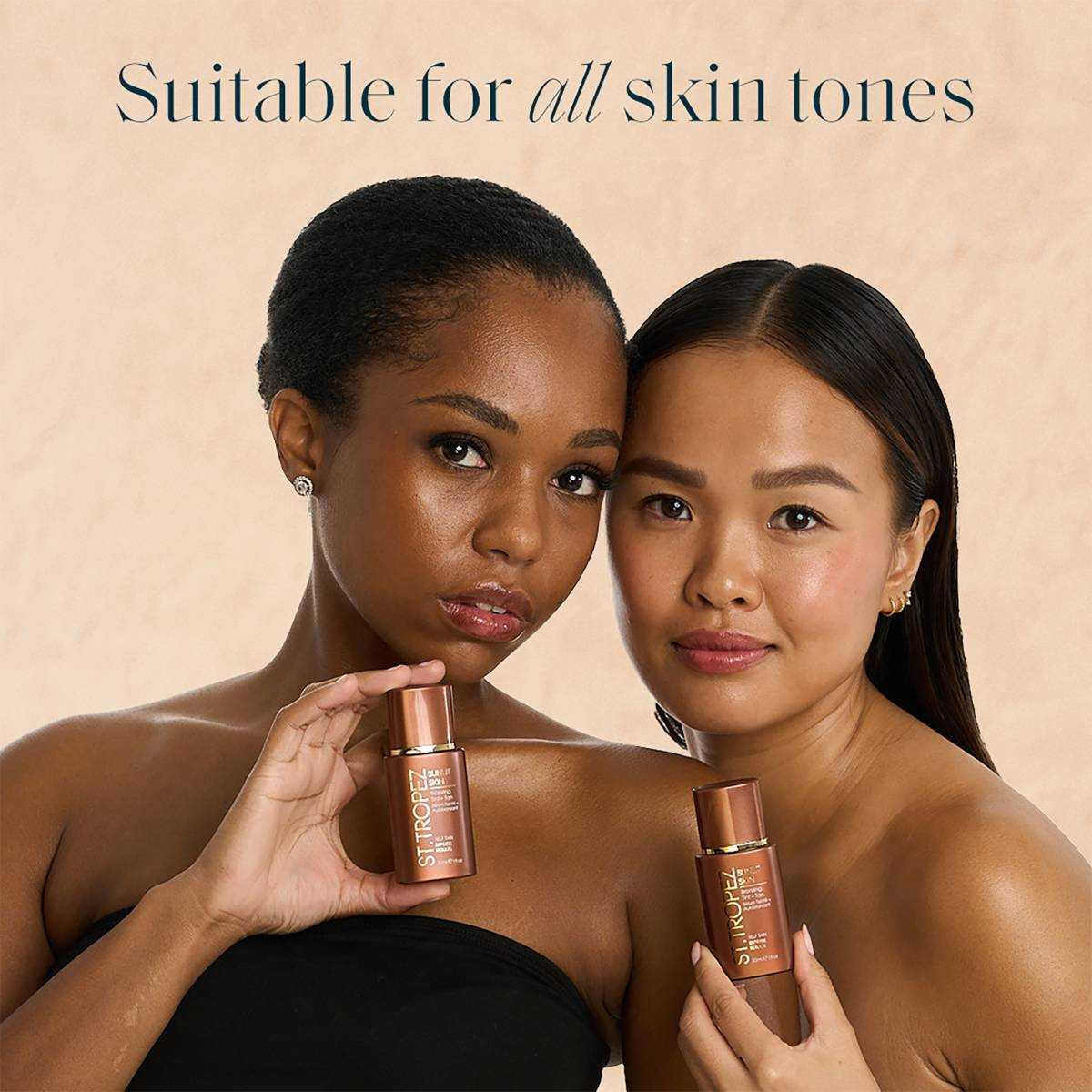 Two women holding Sunlit Skin, suitable for all skin tones graphic