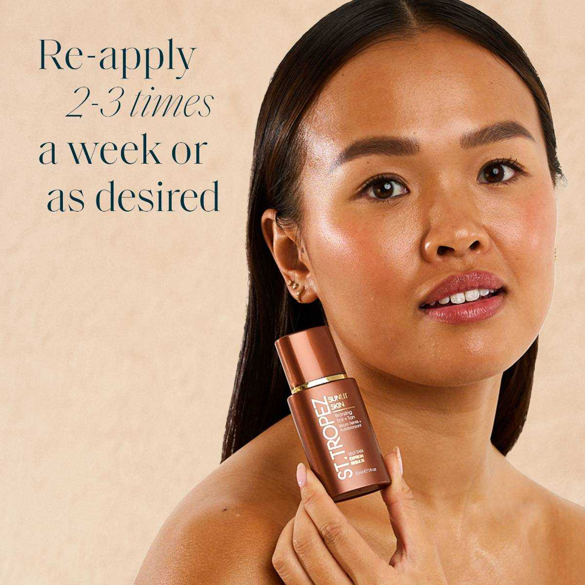 Woman holding Sunlit Skin, reapply 2-3 times a week graphic