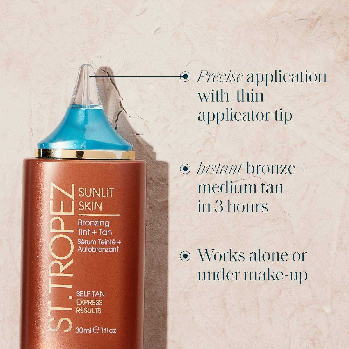 Sunlit Skin bottle with applicator tip callouts graphic