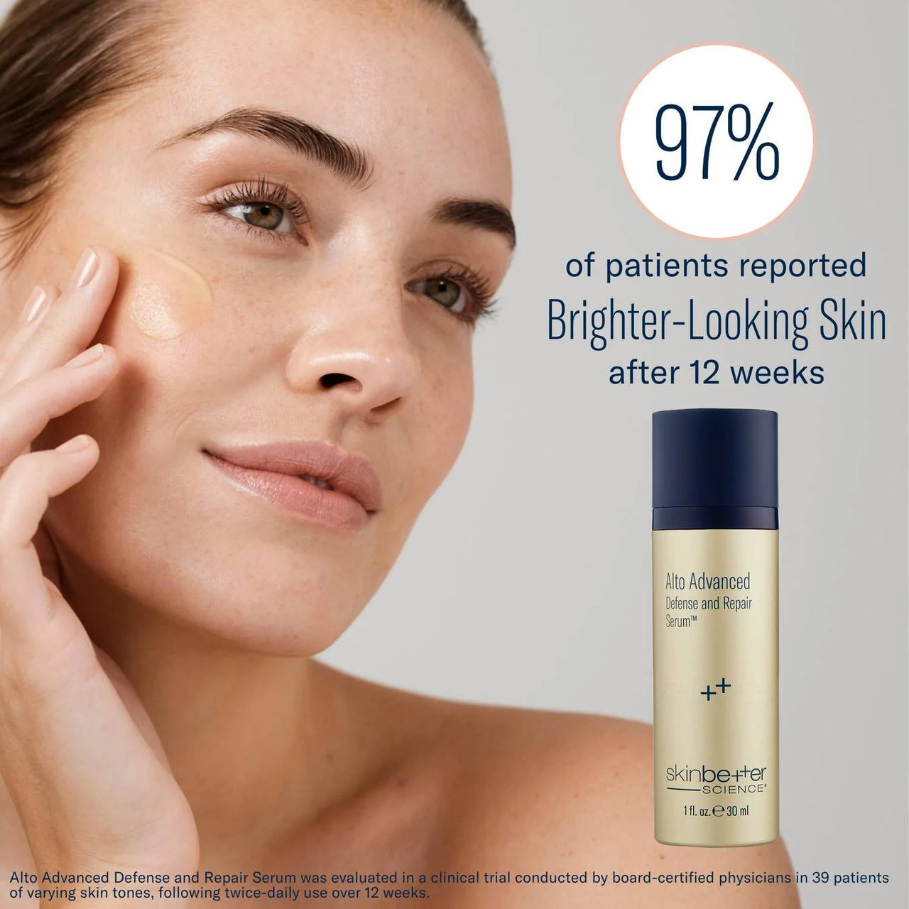 Woman touching her cheek beside the serum and a 97% survey result