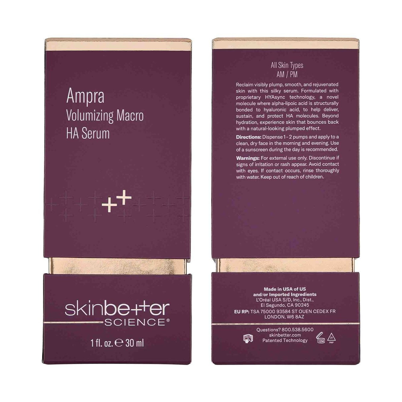 Front and back of the Ampra Volumizing Macro HA Serum box