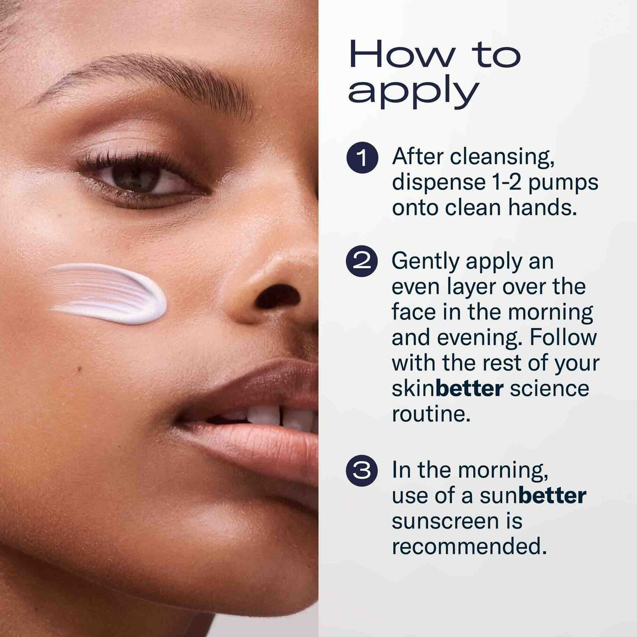 Woman with serum on her cheek, how to apply Ampra serum steps