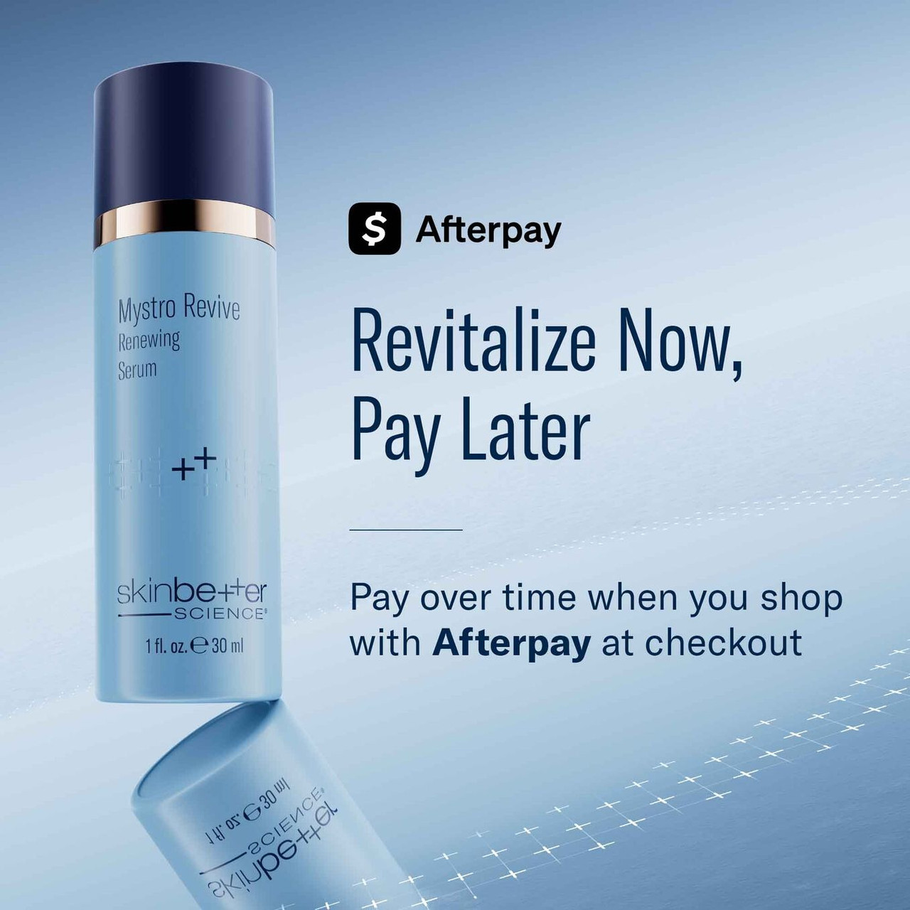 Mystro Revive bottles with an Afterpay pay-later banner