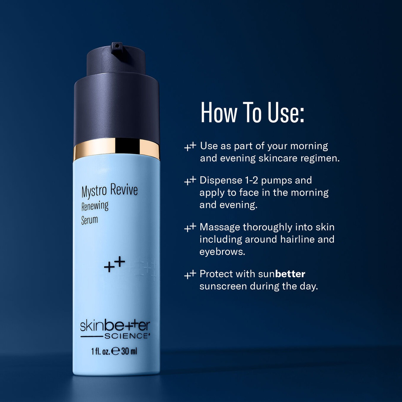 Mystro Revive bottle with how-to-use steps on a navy background