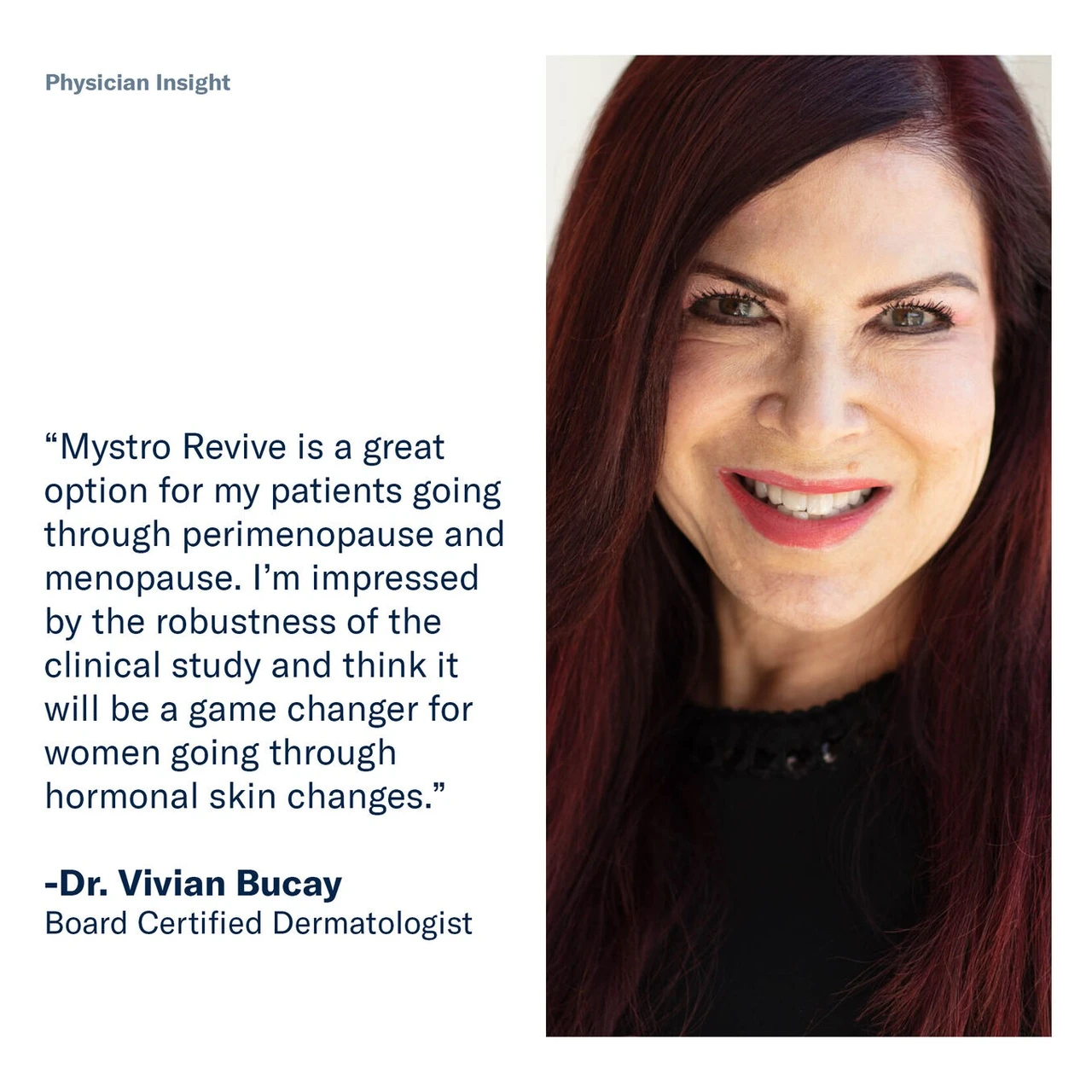 Dermatologist portrait beside a quote about Mystro Revive