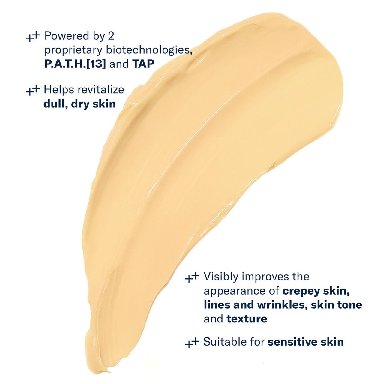 Pale yellow serum swatch with key feature callouts