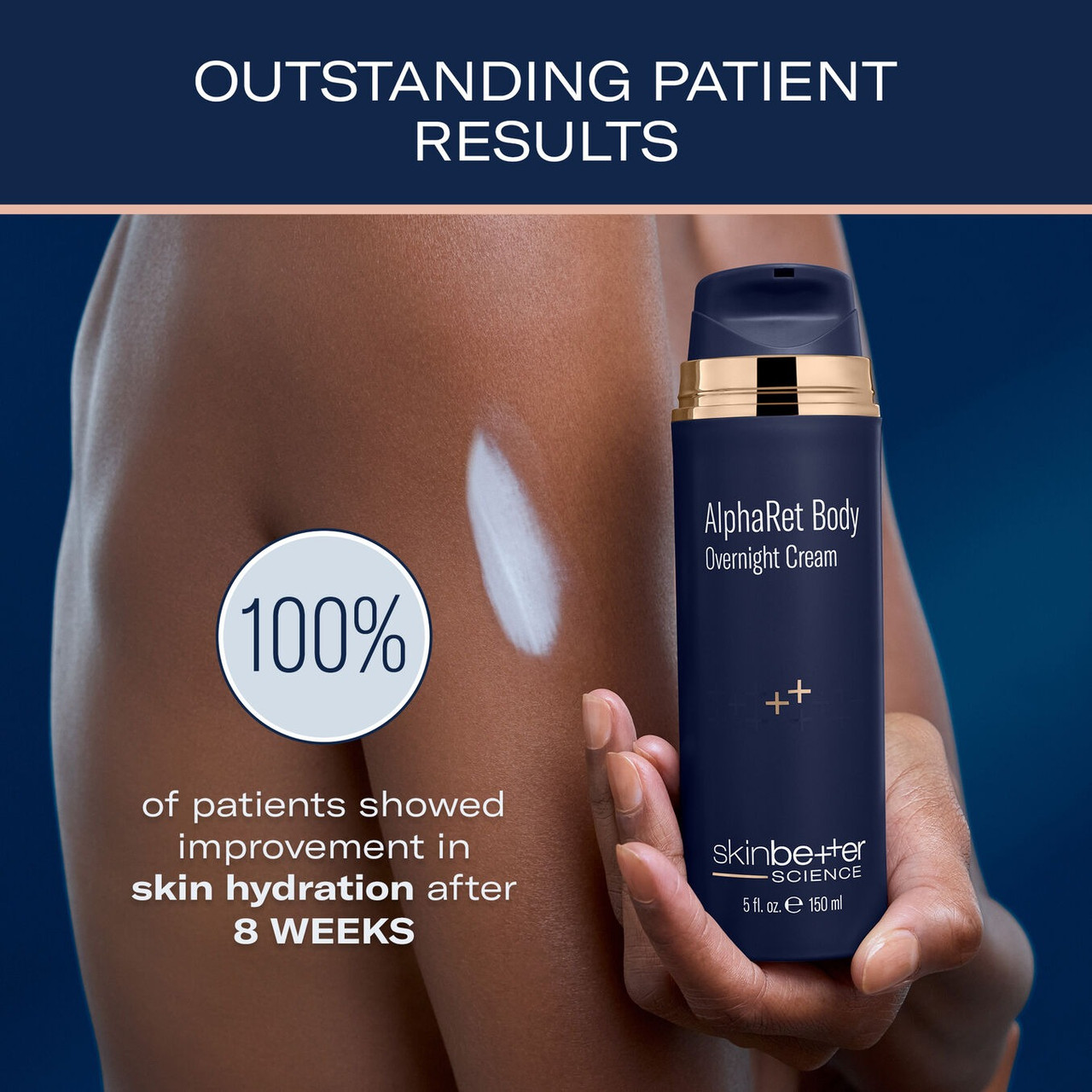 Hand holding the AlphaRet Body bottle with patient skin hydration results