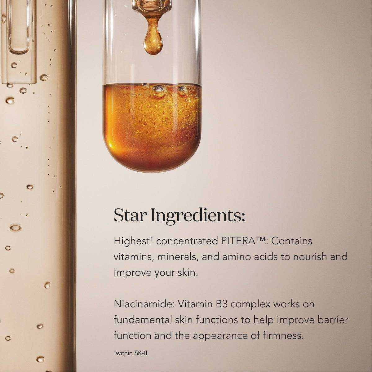 Dropper with golden essence, star ingredients PITERA and niacinamide