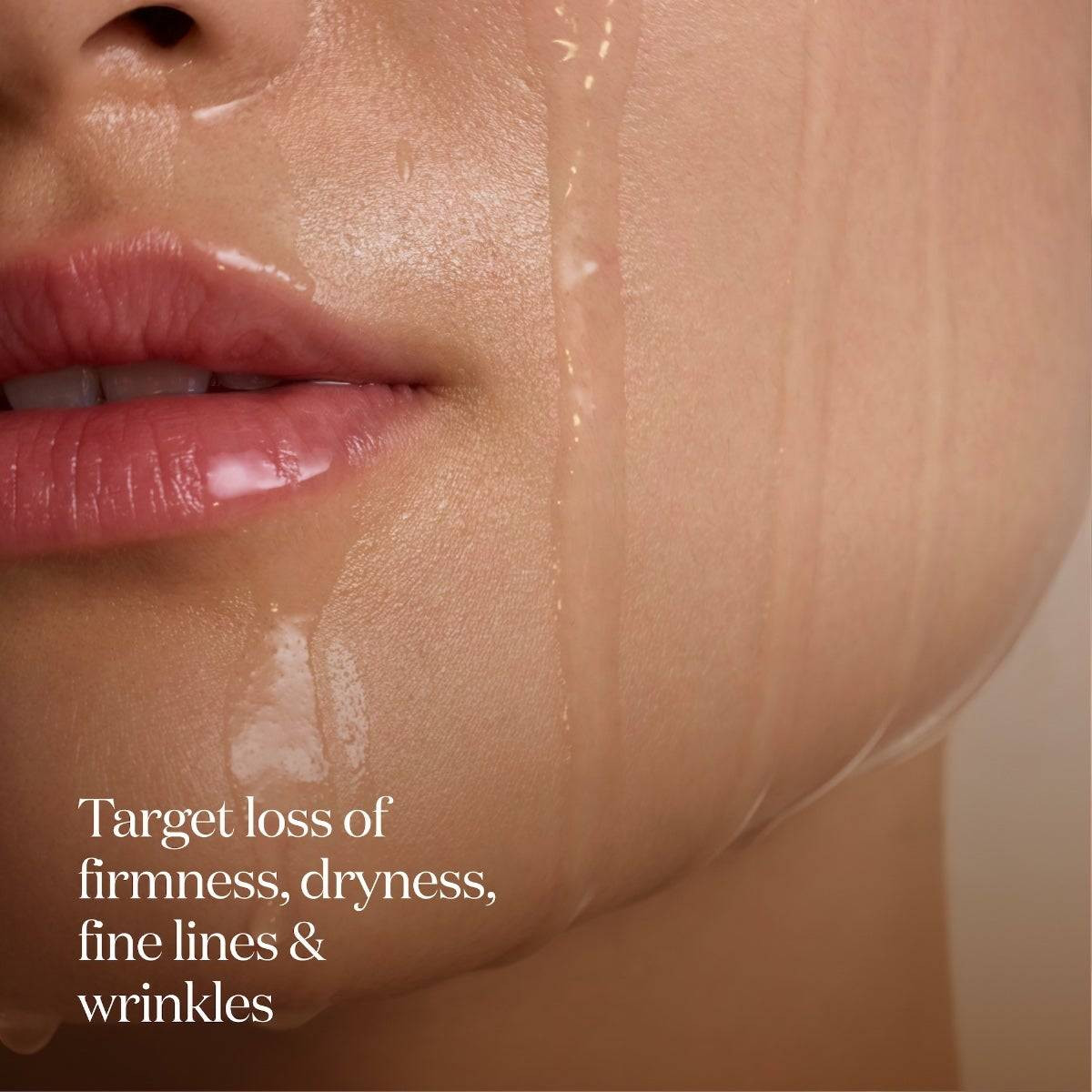 Chin with water droplets, LXP targets firmness dryness fine lines graphic