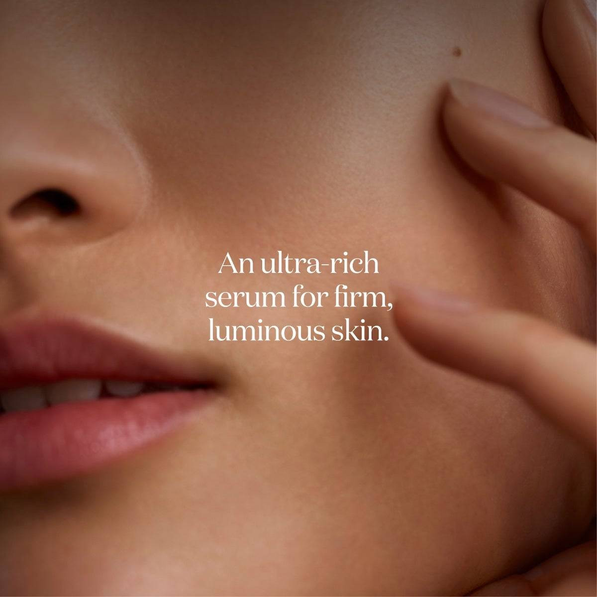 Hand touching cheek jawline, LXP serum firm luminous skin graphic