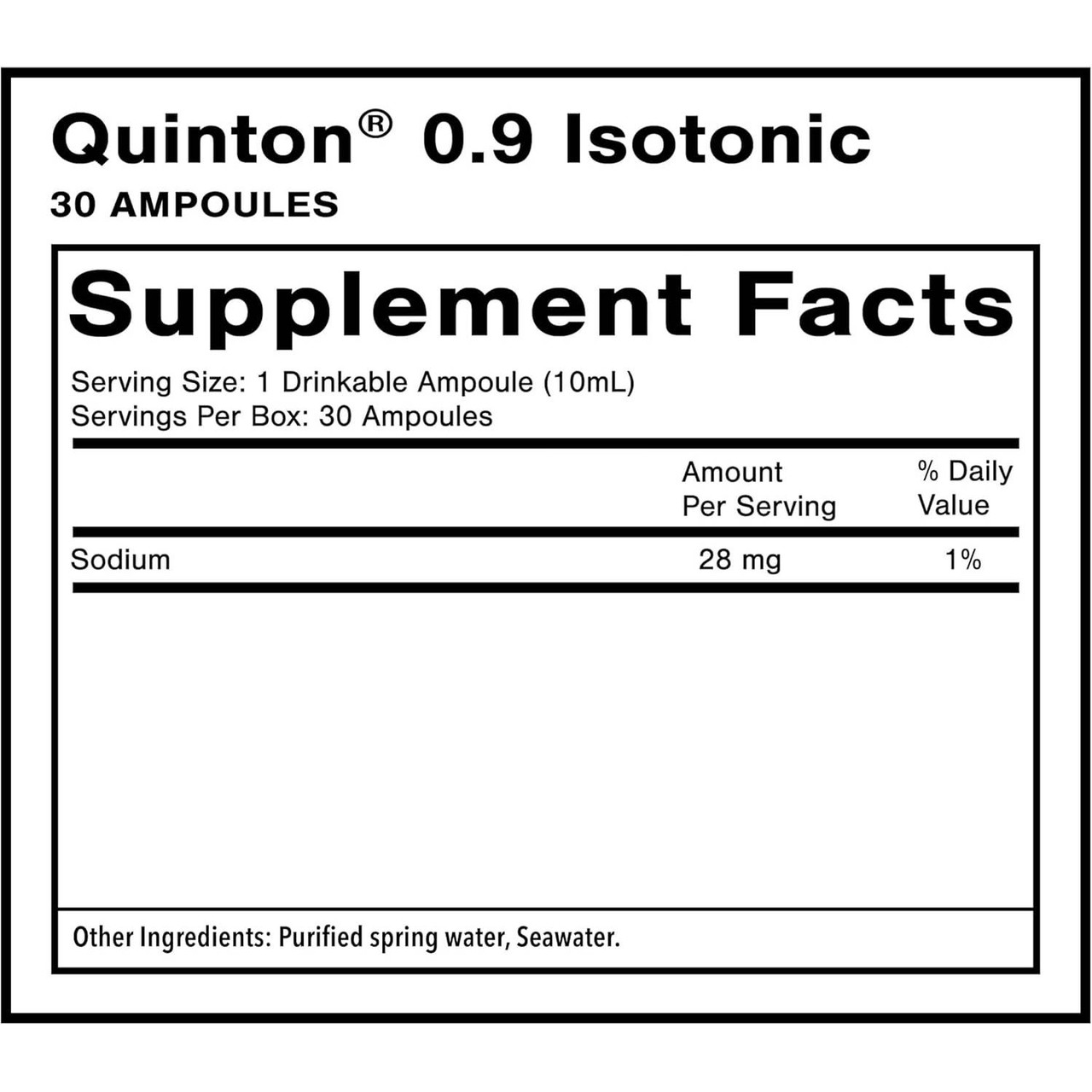 Quinton 0.9 Isotonic supplement facts: purified spring water and seawater