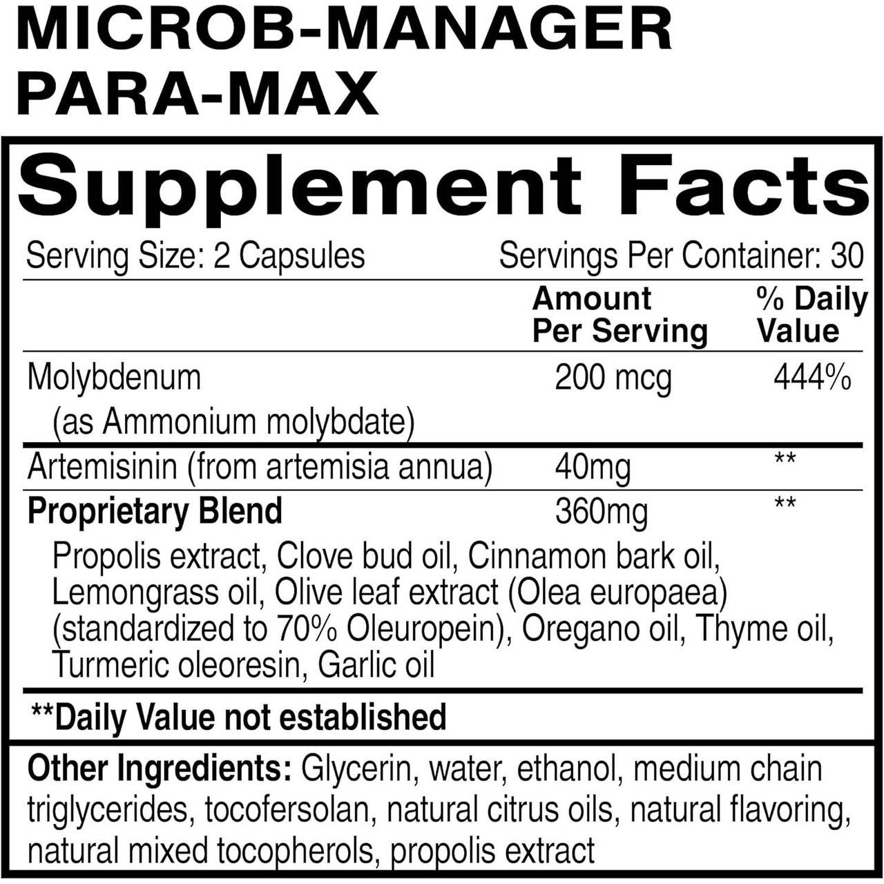 Microb-Manager Para-Max Supplement Facts artemisinin blend panel