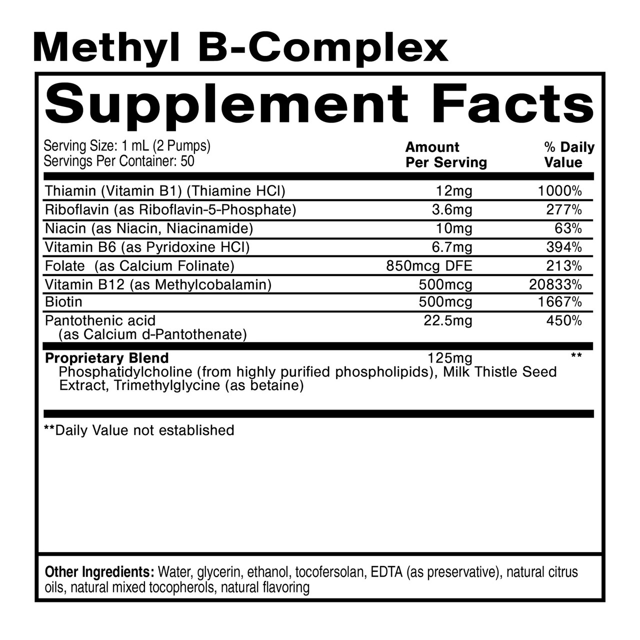 Black Box II Methyl B-Complex Supplement Facts panel