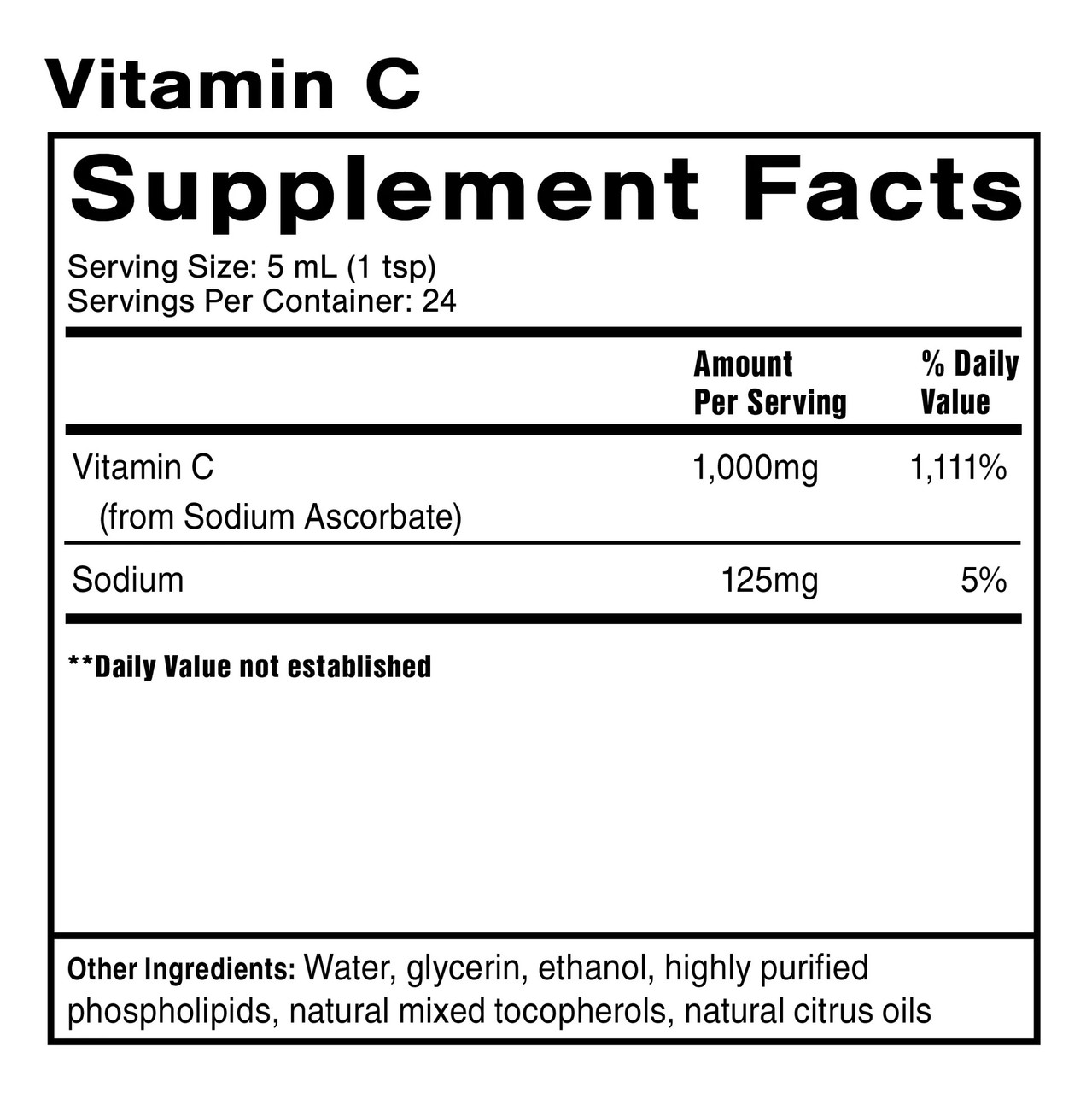 PreTox System Vitamin C Supplement Facts panel
