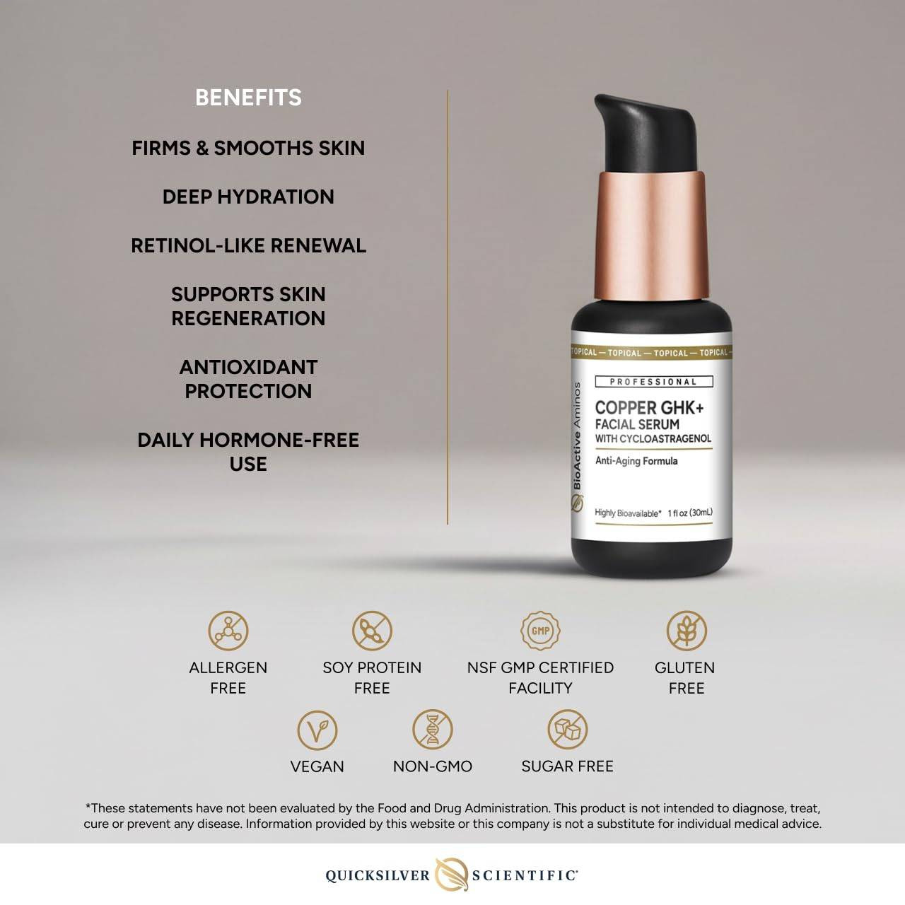 Copper GHK+ Facial Serum bottle with benefits and free-from icons