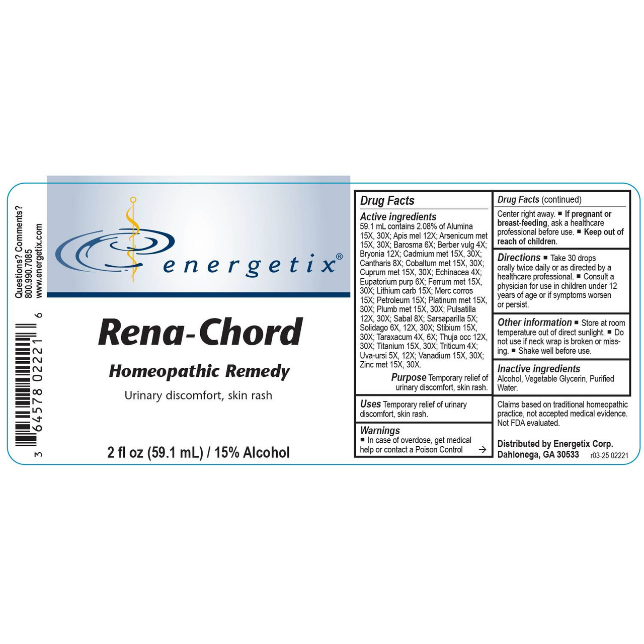 Energetix Rena-Chord Drug Facts urinary discomfort skin rash panel