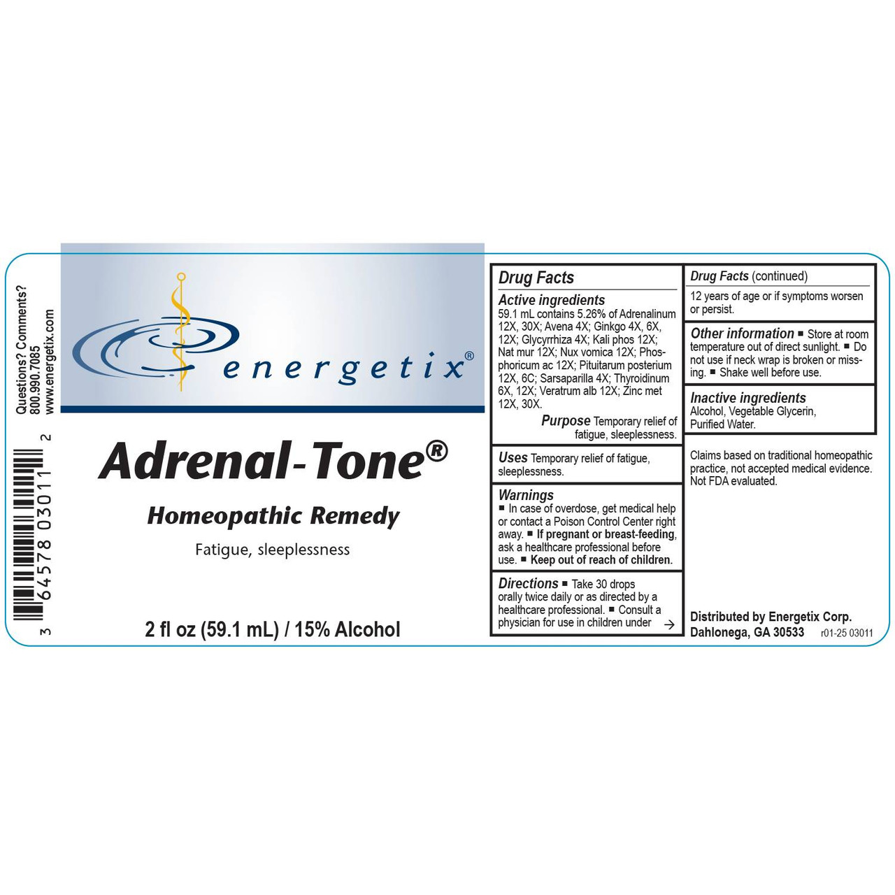 Adrenal-Tone Drug Facts fatigue sleeplessness panel