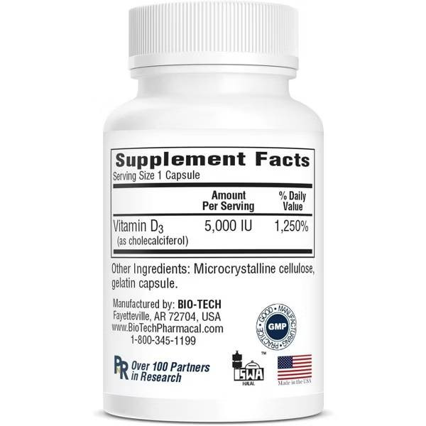 D3-5 100 capsules Supplement Facts vitamin D3 5000 IU panel