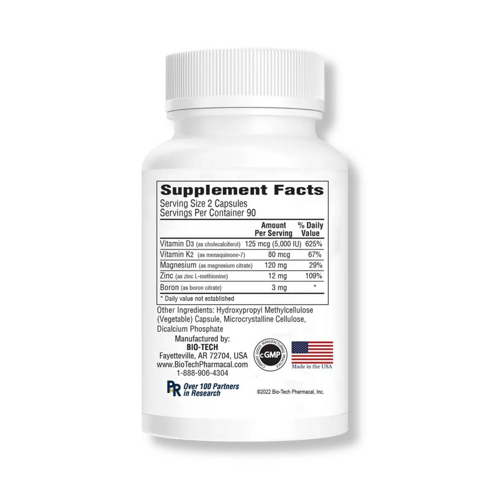 D3Plus 180 capsules Supplement Facts D3 K2 magnesium zinc boron panel
