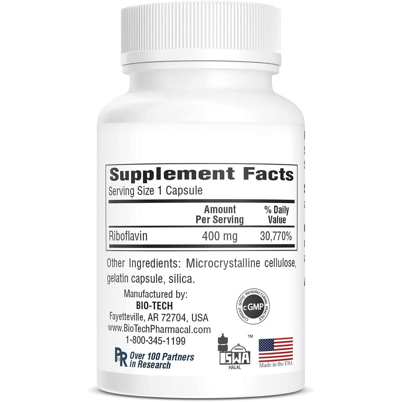 B2-400 bottle side with supplement facts, 400 mg riboflavin per capsule