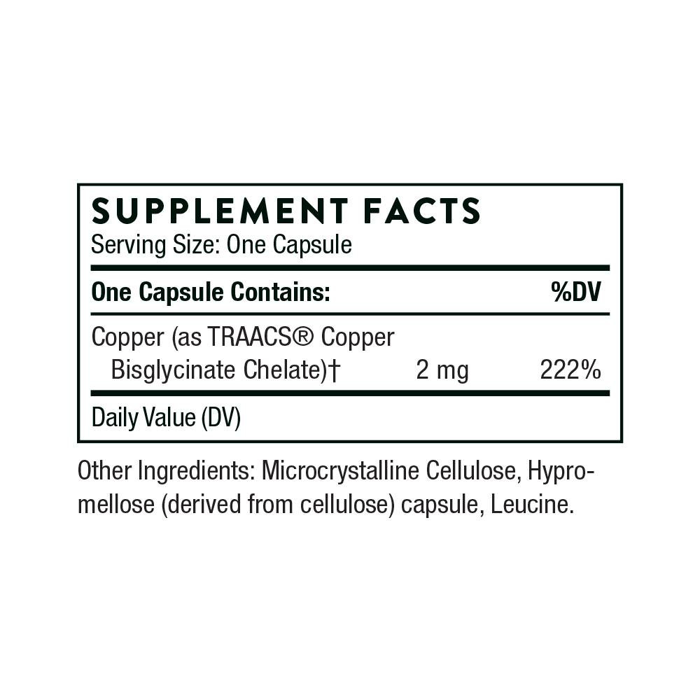 Copper Bisglycinate Supplement Facts TRAACS copper 2 mg panel