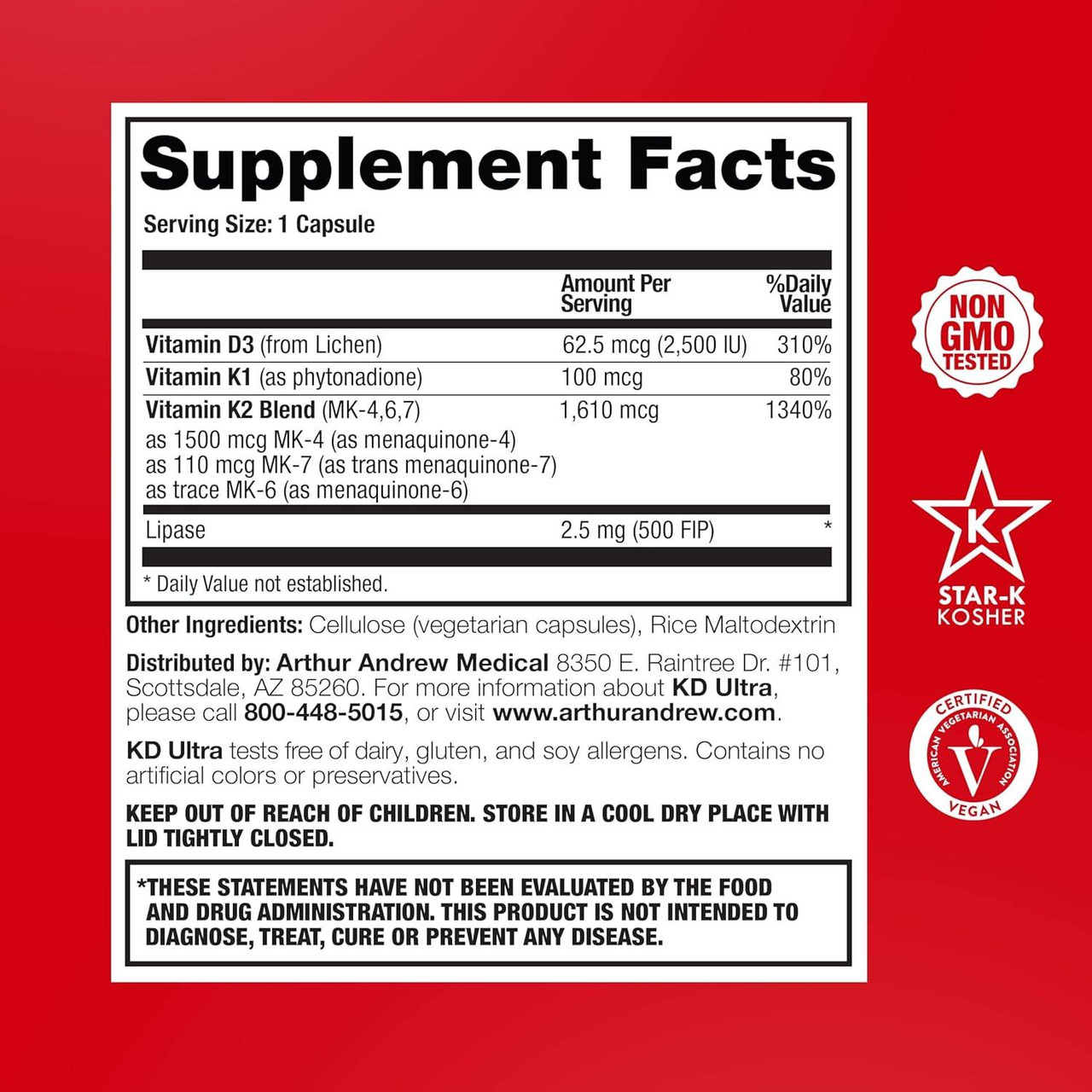 Arthur Andrew Medical KD Ultra, Full Spectrum K2 and Vegan D3 - 30 Capsules