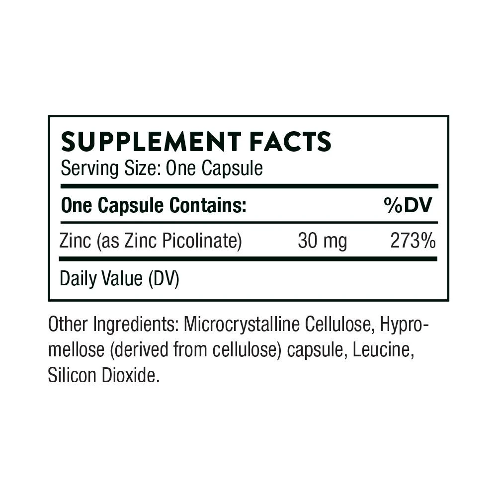 Zinc Picolinate supplement facts, 30 mg zinc per capsule with other ingredients
