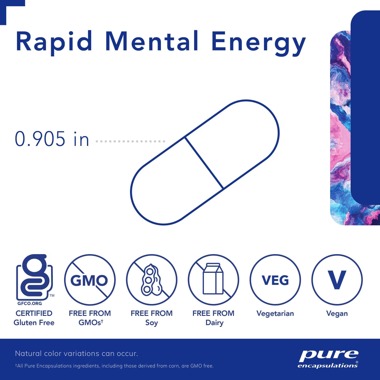 Rapid Mental Energy capsule shown at 0.905 in with gluten free, non-GMO, vegetarian and vegan icons