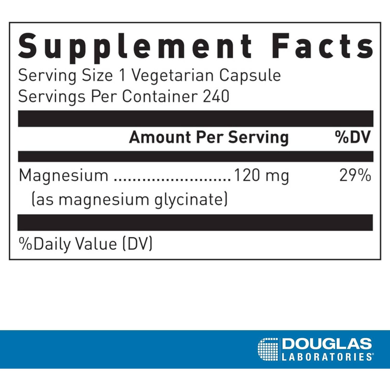 Magnesium Glycinate 240 capsules Supplement Facts 120 mg panel