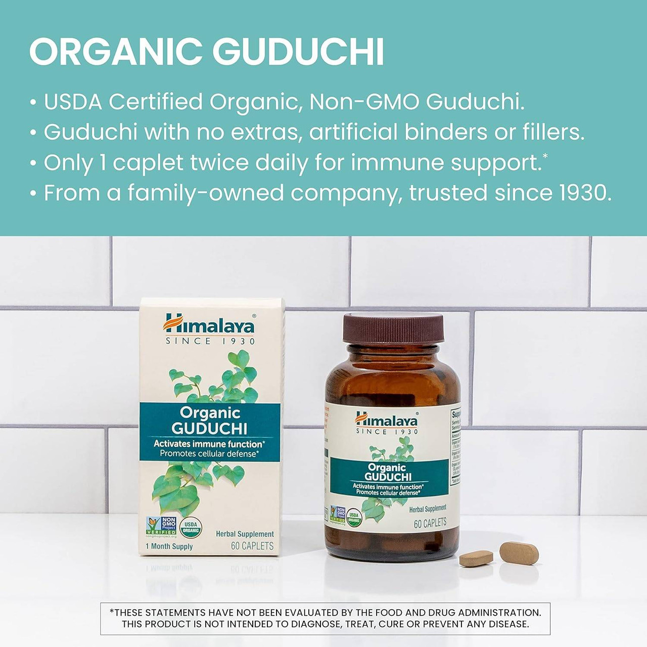 Organic Guduchi box and bottle on a kitchen counter with organic and non-GMO highlights