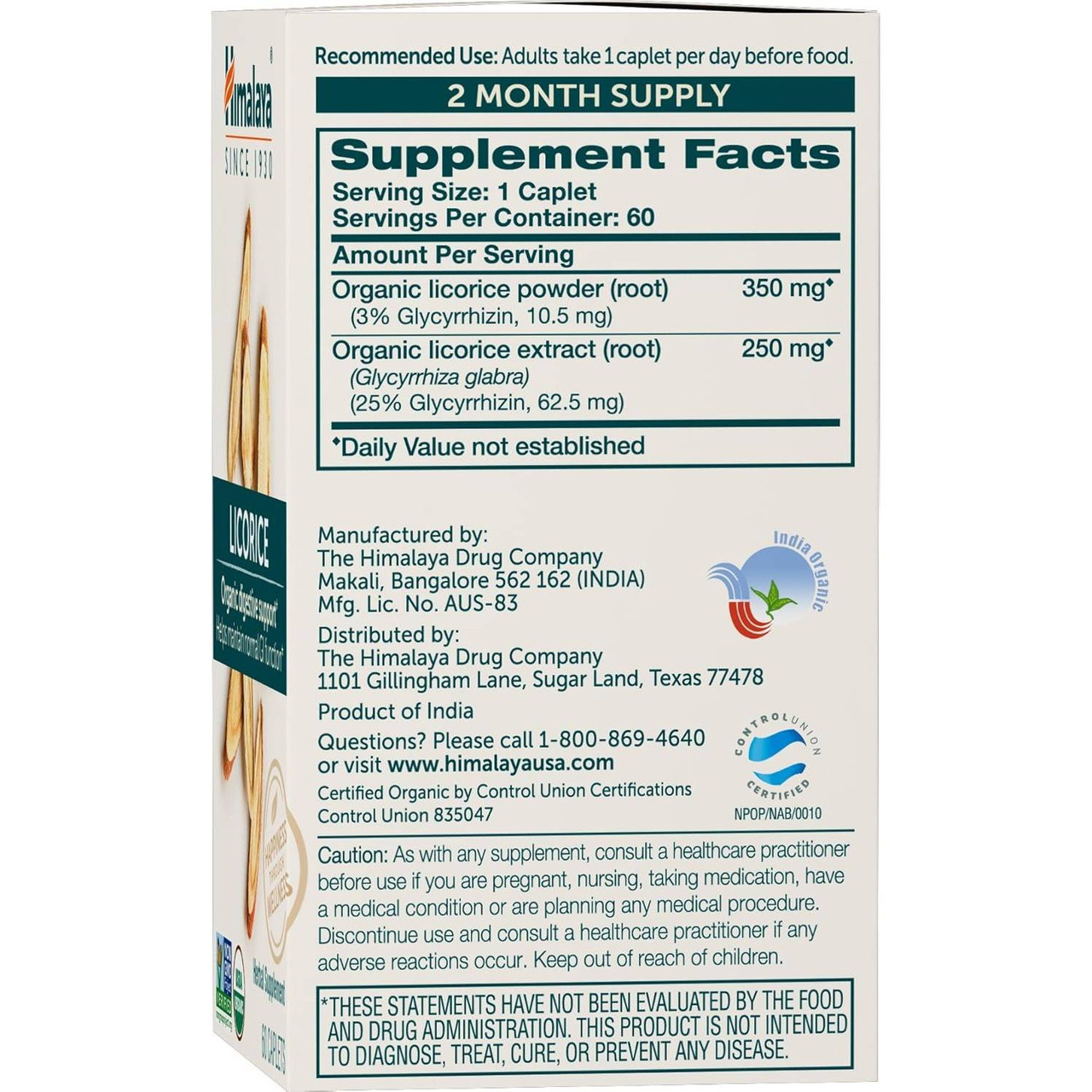 Organic Licorice box with supplement facts, one caplet twice daily, 2 month supply