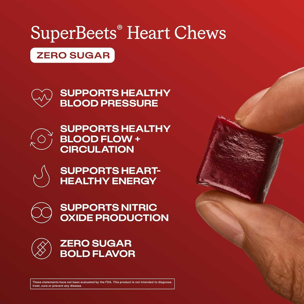 Fingers holding a chew beside the SuperBeets Heart Chews benefits list