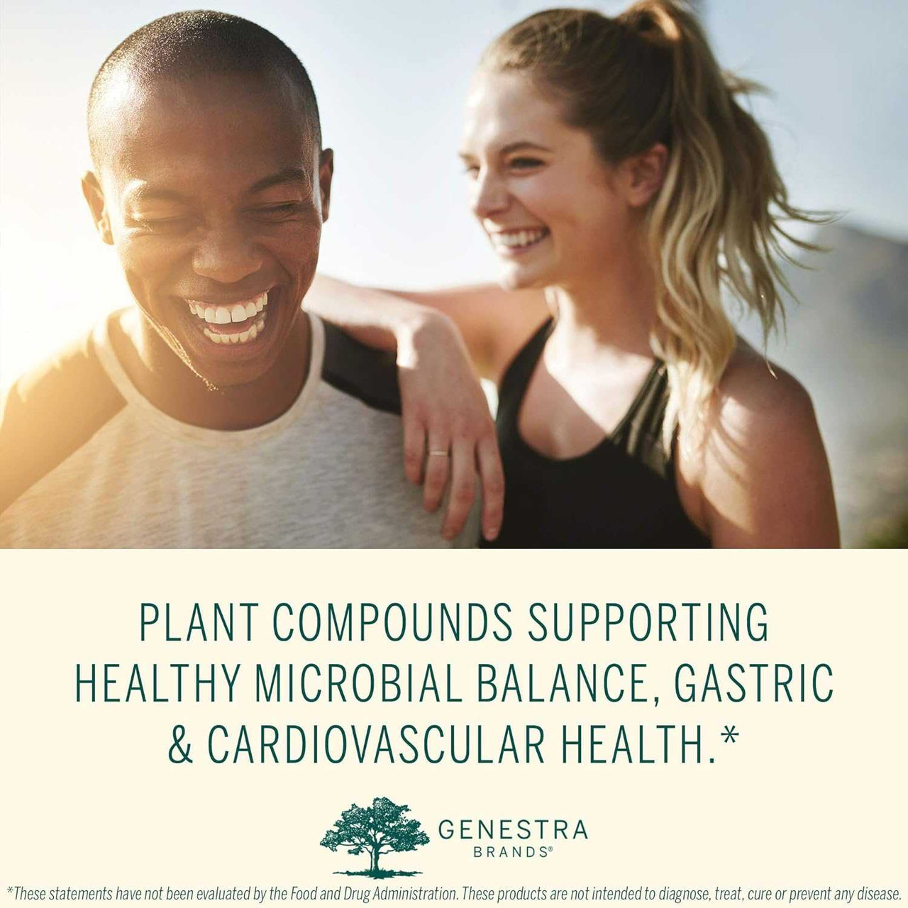 Couple smiling, plant compounds microbial gastric health graphic