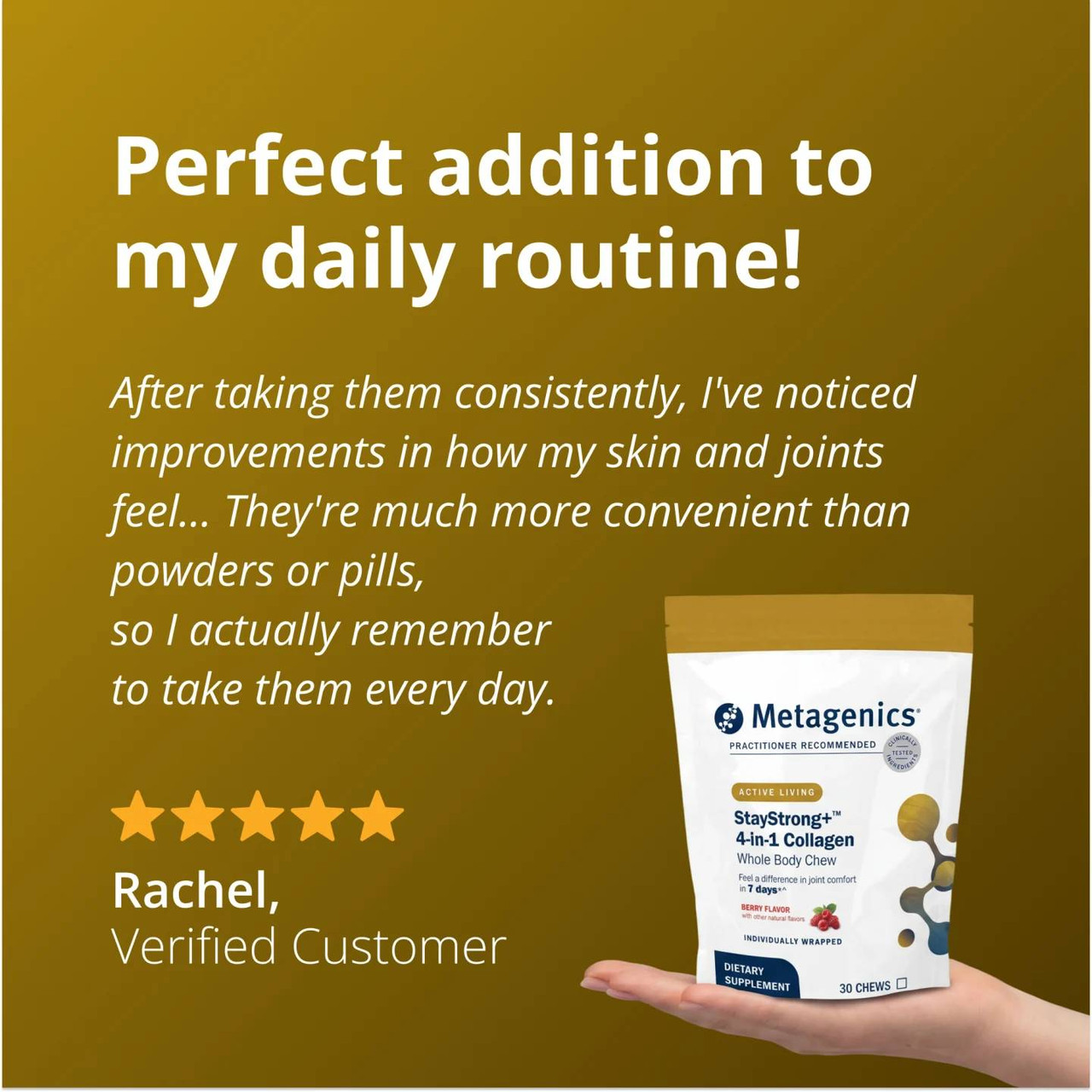 Hand holding StayStrong+ pouch with a five-star verified customer review
