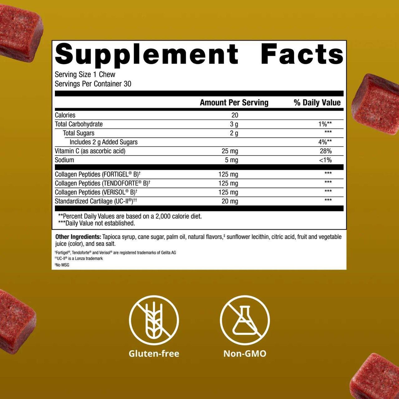 StayStrong+ supplement facts, 1 chew serving with collagen peptides, with gluten free and non-GMO icons