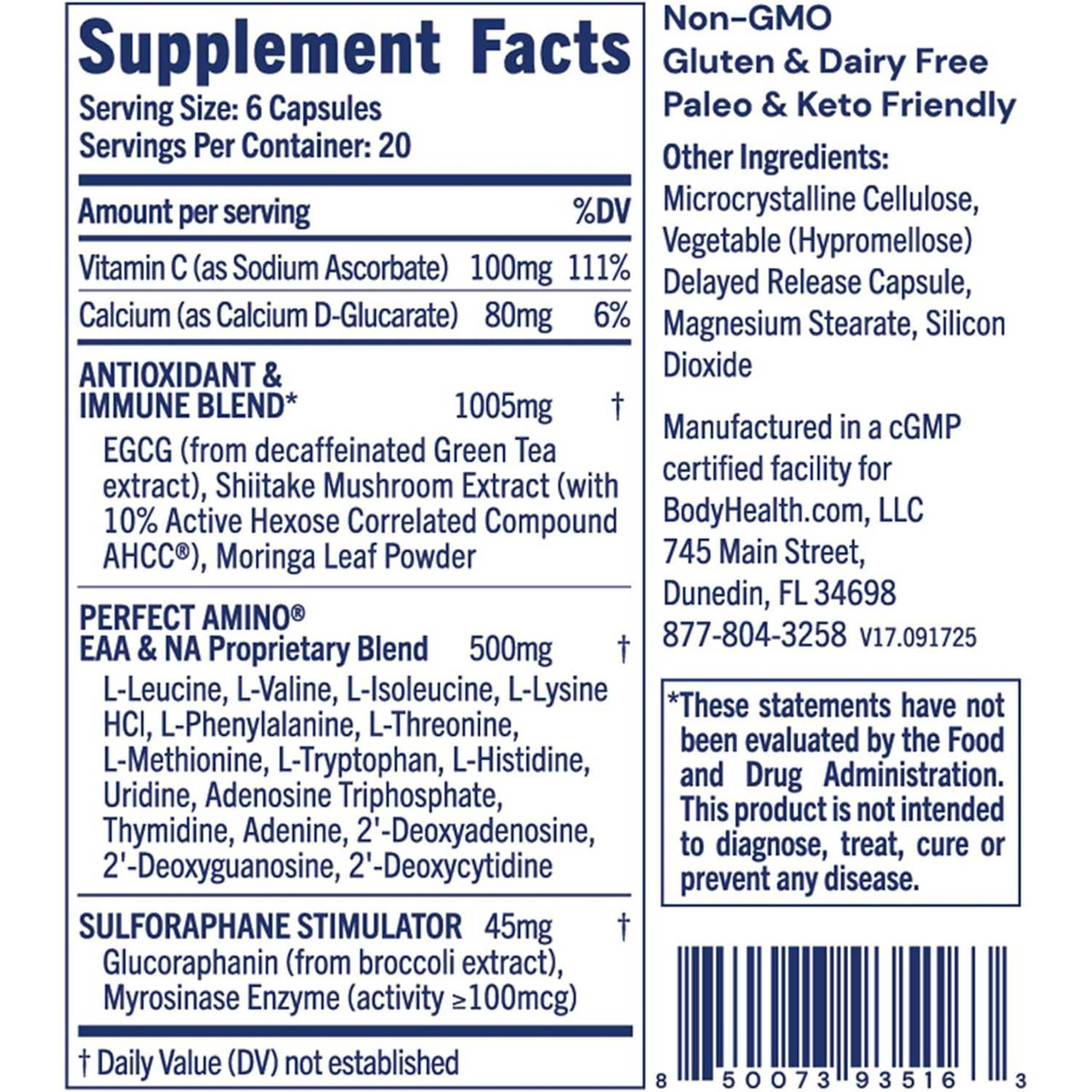 Cellular Guard Supplement Facts AHCC sulforaphane antioxidant panel
