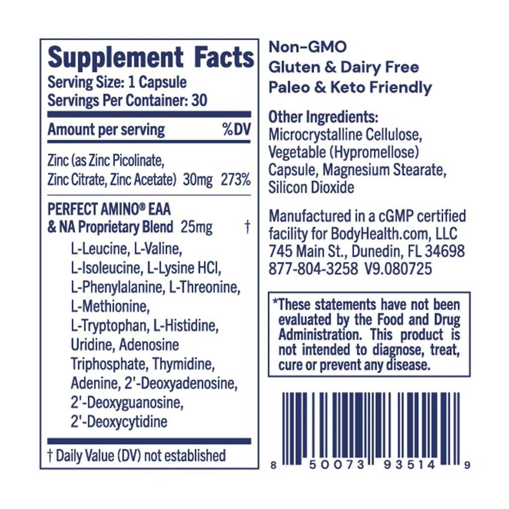 Zinc Supplement Facts picolinate citrate acetate Perfect Amino panel