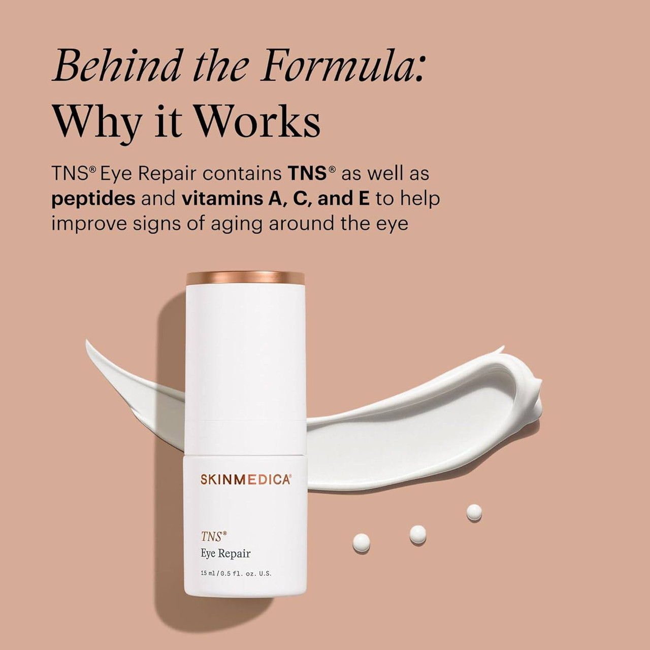 SkinMedica TNS Eye Repair bottle with cream swatch and formula explainer