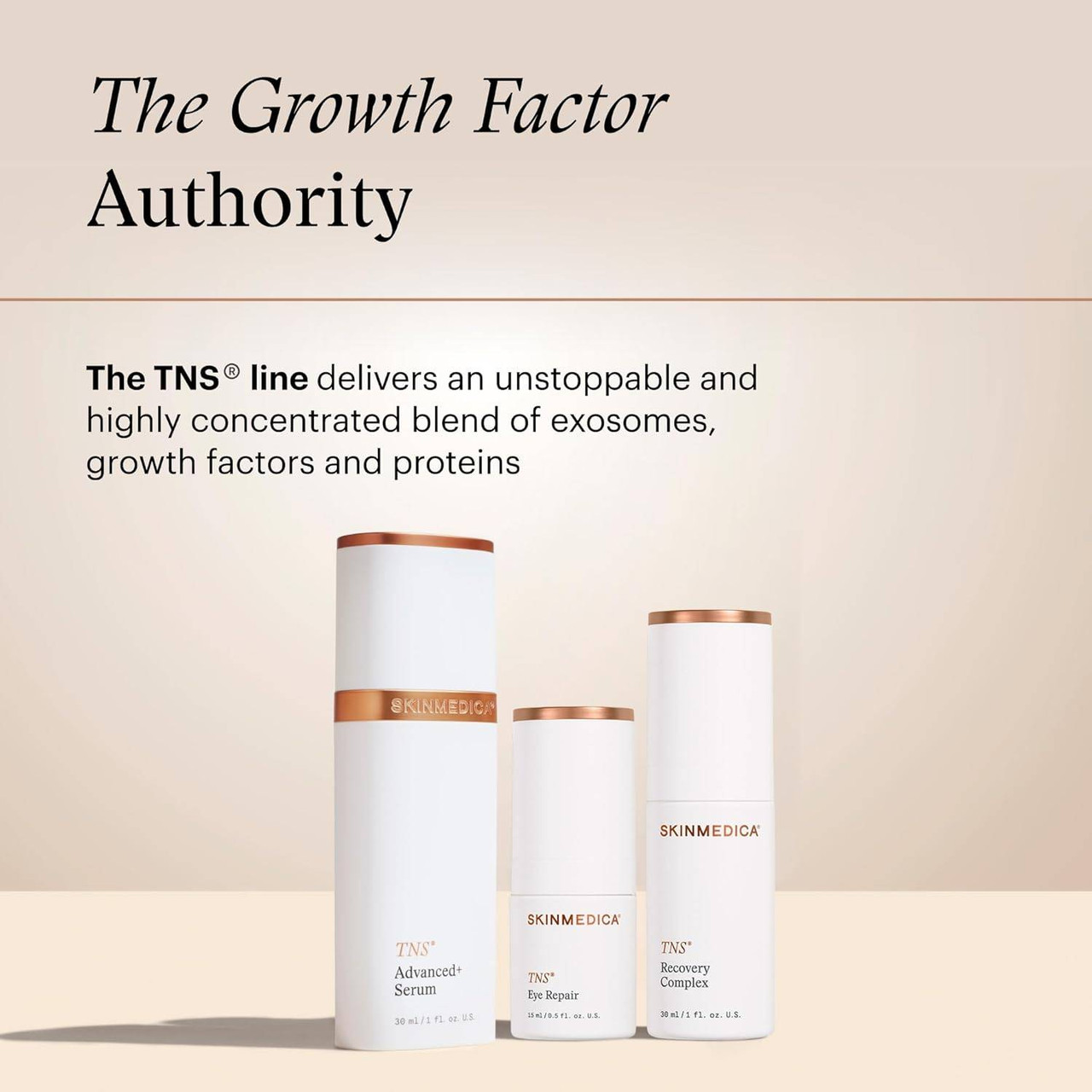 SkinMedica TNS growth factor line bottles with brand explainer text