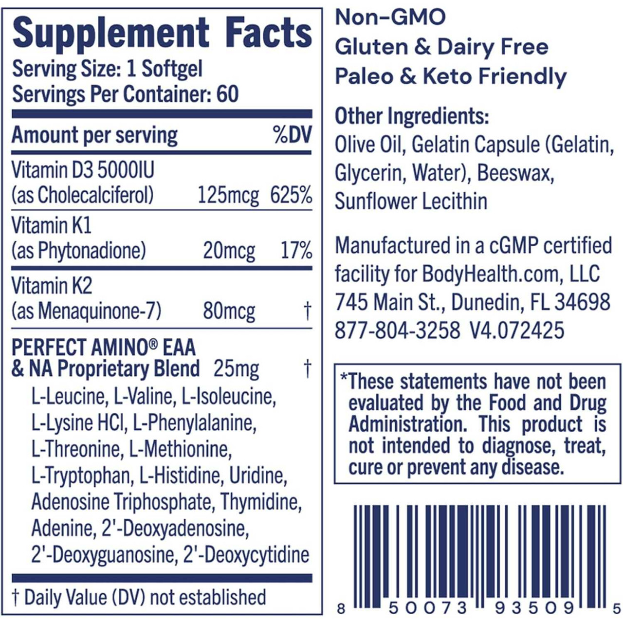 D3+MK7 supplement facts, 125 mcg vitamin D3, vitamin K1 and K2 with Perfect Amino EAA blend