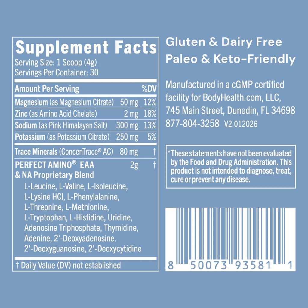 Electrolytes unflavored Supplement Facts minerals Perfect Amino panel