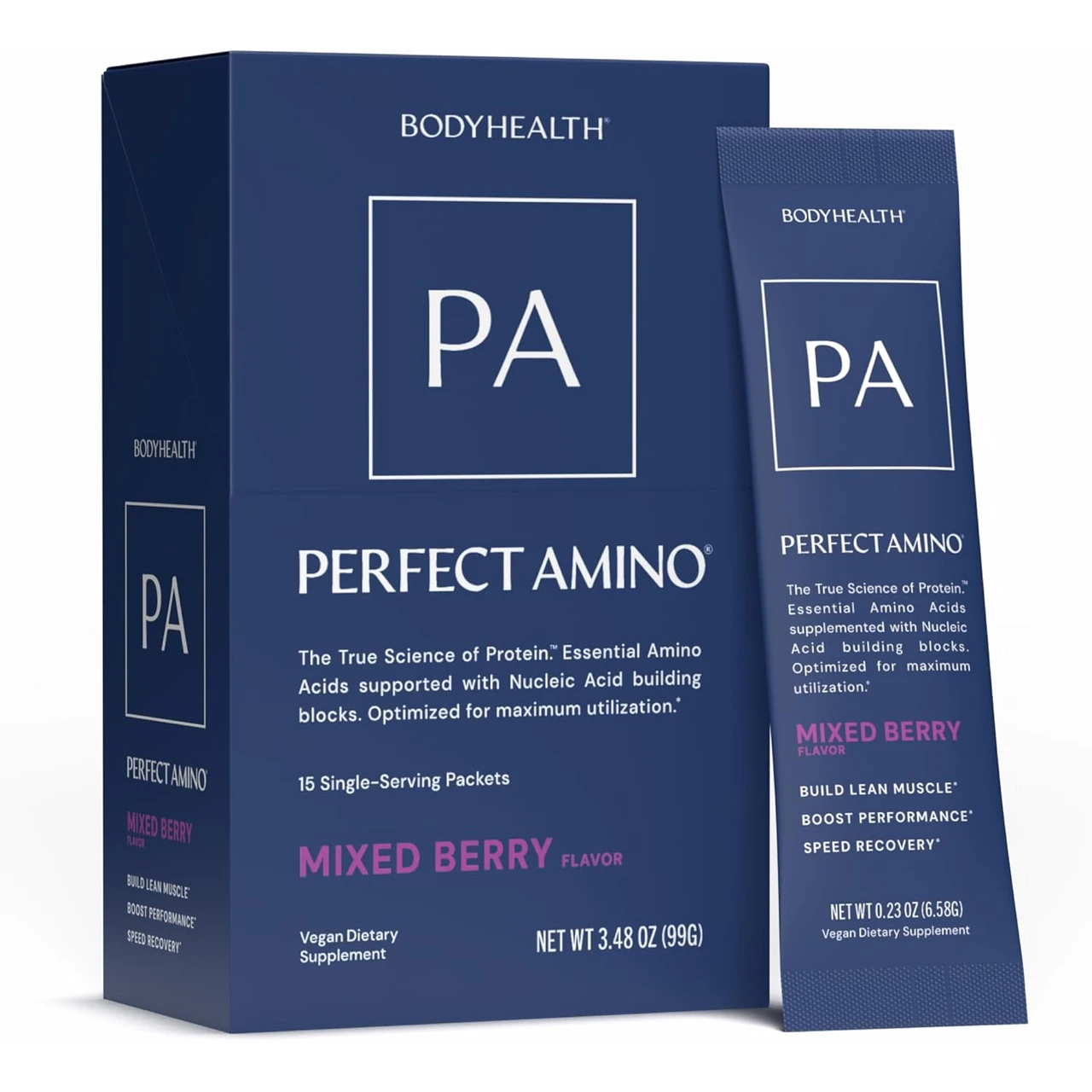 BodyHealth Perfect Amino Mixed Berry box of 15 single-serving packets