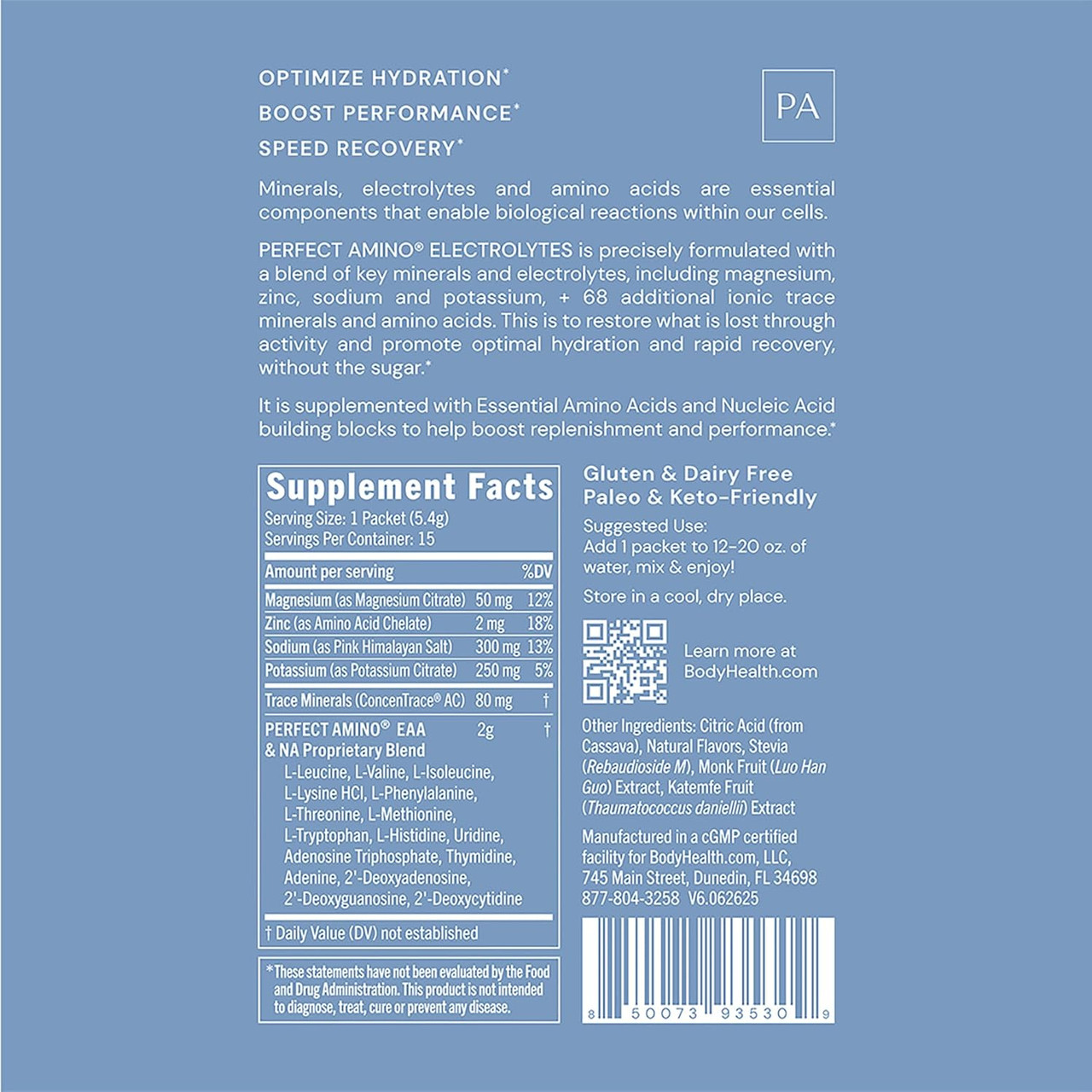 Electrolytes Orange packet Supplement Facts minerals EAA panel