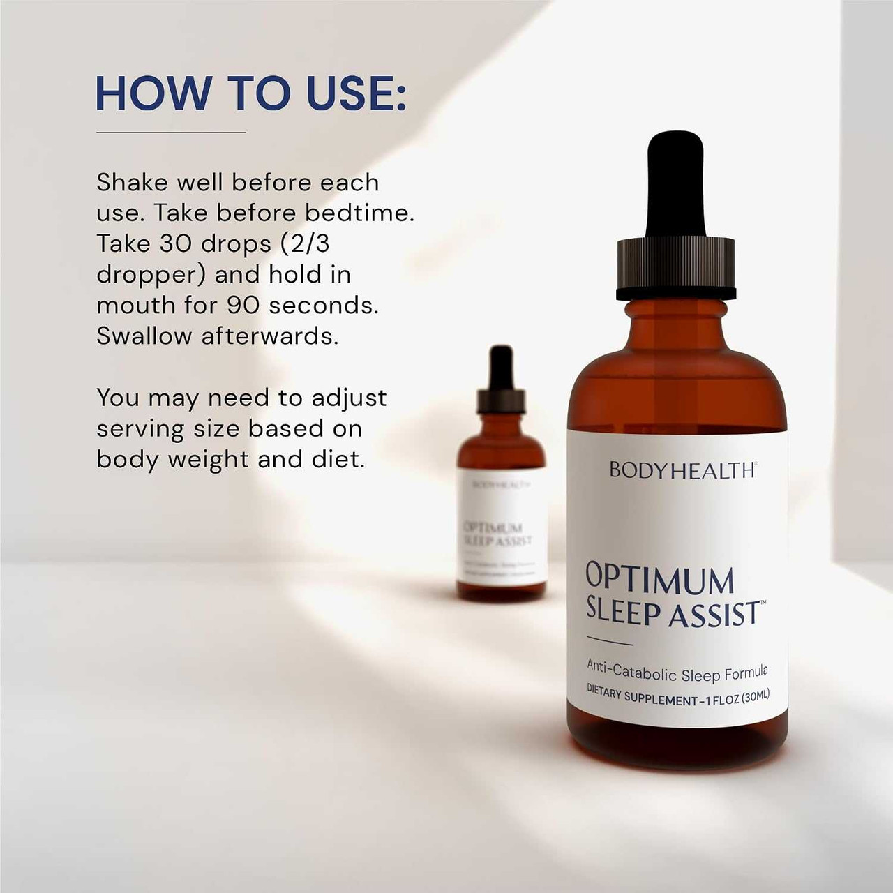 Two Optimum Sleep Assist droppers, how to use 30 drops bedtime graphic