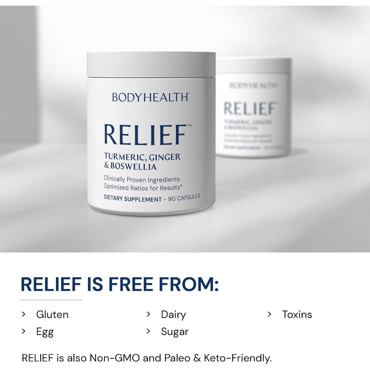 Two Relief bottles free from gluten egg dairy sugar toxins graphic