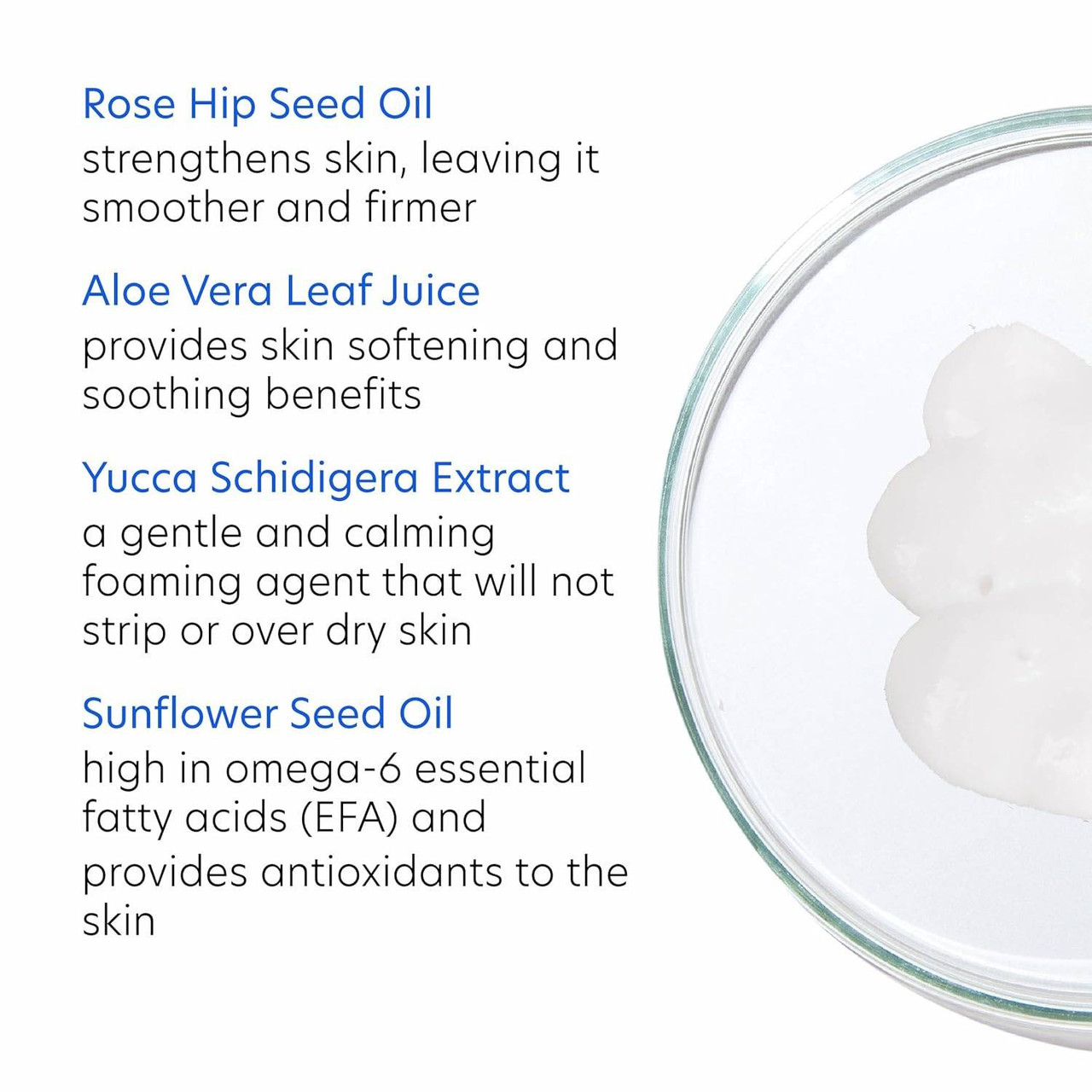 PCA Skin Creamy Cleanser ingredient callouts: rose hip, aloe, yucca, sunflower seed oil
