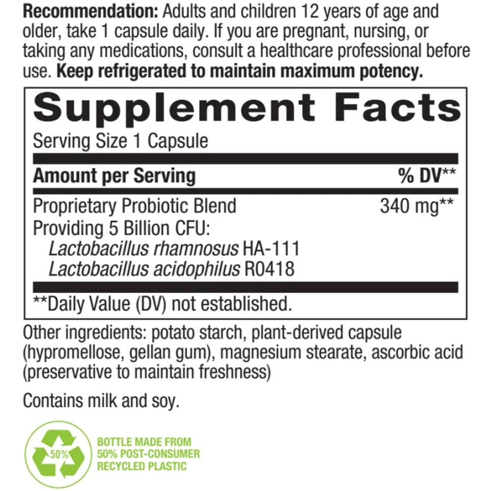 Primadophilus 180 capsules Supplement Facts 5 billion CFU panel